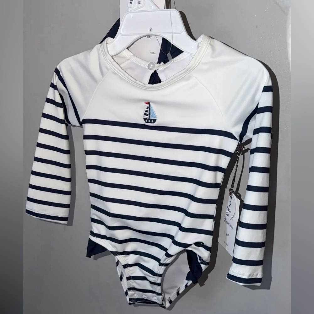 Sperry White & Navy Striped Long-Sleeve Rashguard One-Piece